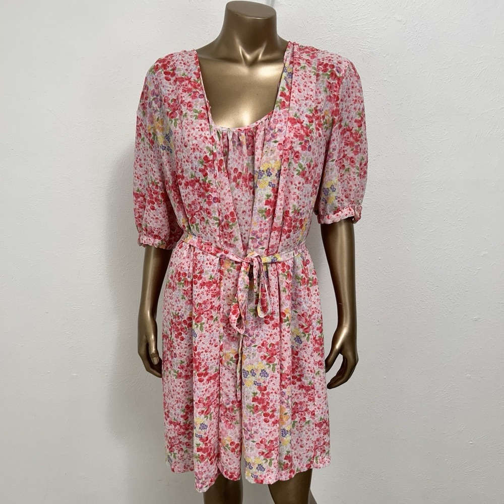 VINTAGE Oscar de la Renta Pink Label Pink Dainty Floral Robe & Slip Dress Sz L - Picture 3 of 10
